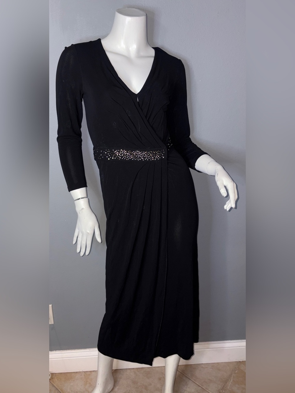 Versace Black Long Sleeve V-Neck Dress with Jeweled Waist